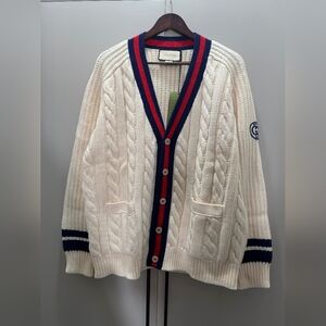 Gucci Web V-Neck Wool Knit Cardigan Sweater